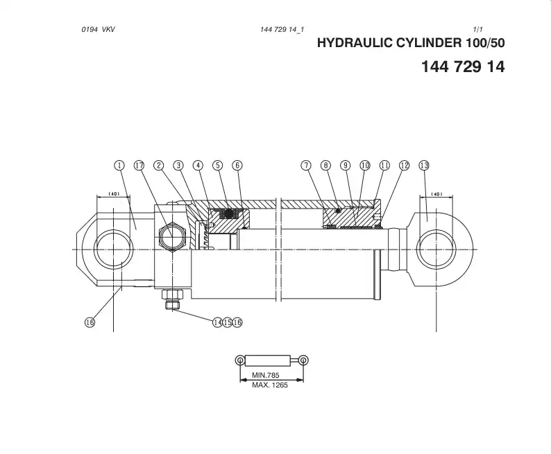 144729141 144 729 141 HYDRAULIC CYLINDER - Sandvik Technical Drawing
