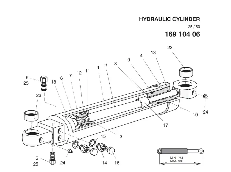 16910406B 169 104 06B HYDRAULIC CYLINDER - Sandvik Technical Drawing
