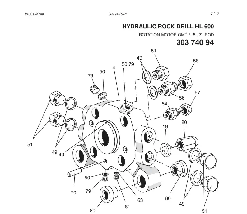 30374094c 303 740 94c HYDRAULIC ROCK DRILL HL 600 - Sandvik Technical Drawing