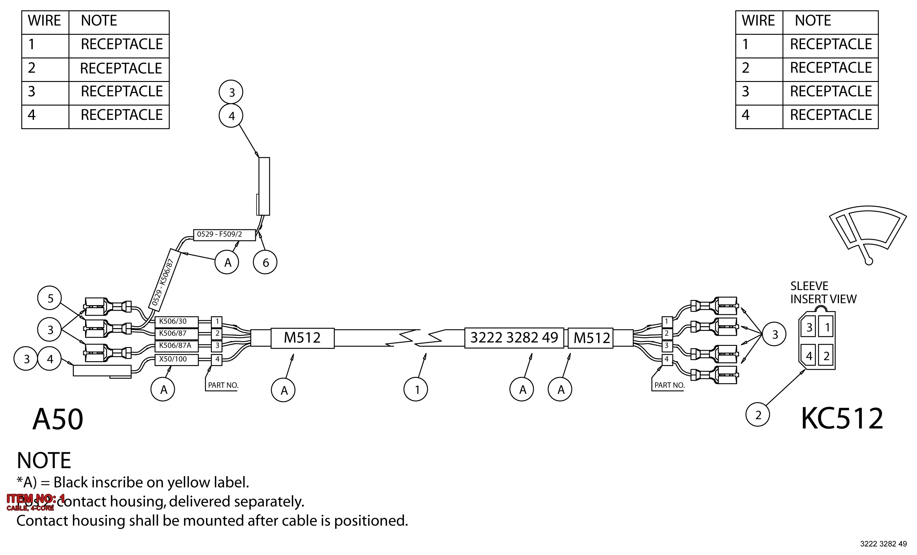 3222 3070 82 CABLE, 4-CORE - Technical Drawing