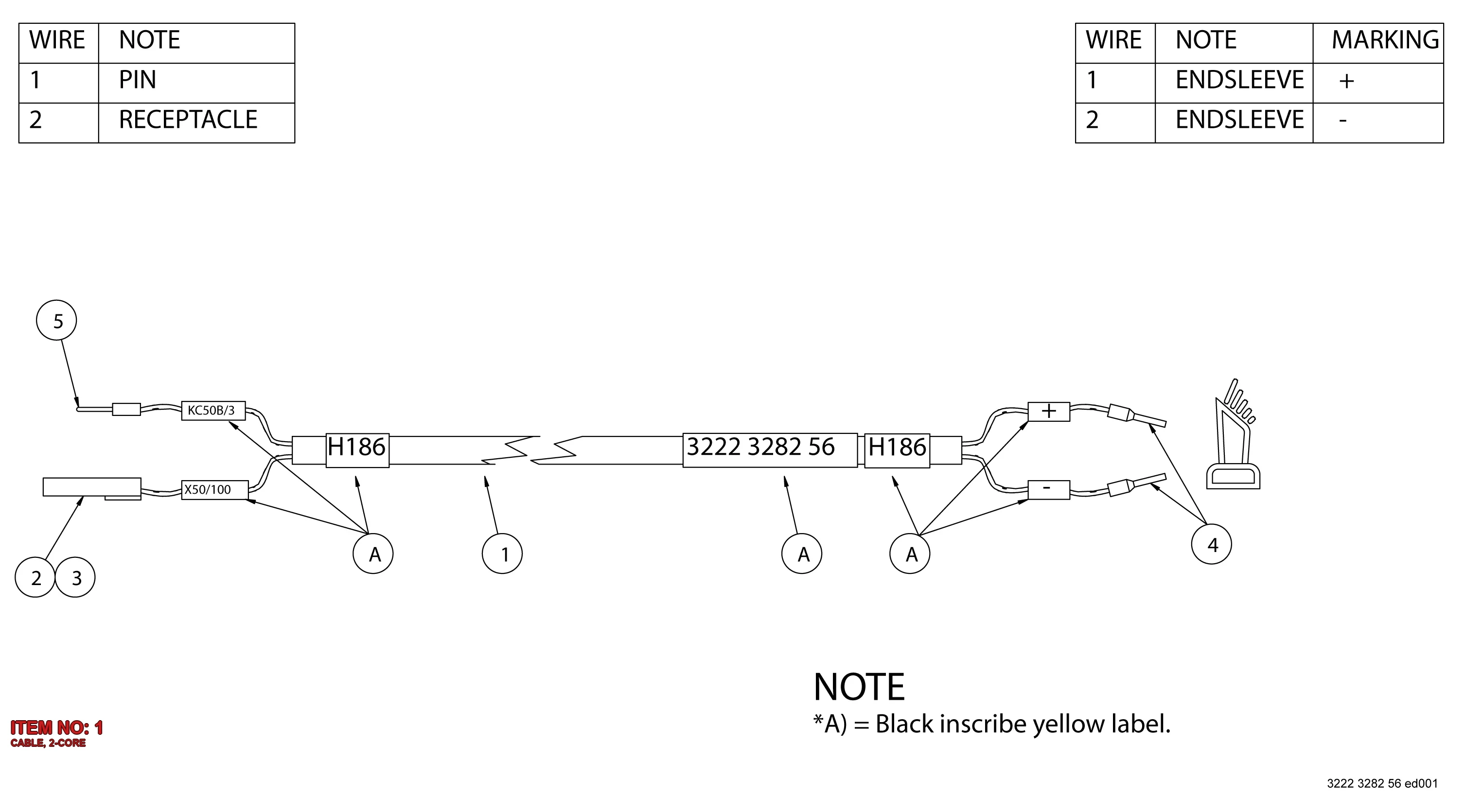 3222 3070 86 CABLE, 2-CORE - Technical Drawing