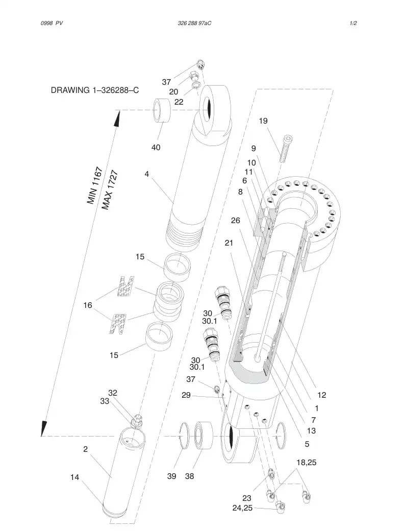 32628897aC 326 288 97aC HYDRAULIC CYLINDER - Sandvik Technical Drawing