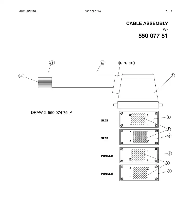 55007751aA 550 077 51aA CABLE ASSY - Sandvik Technical Drawing