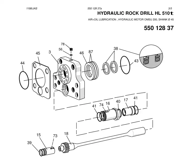 55012837a 550 128 37a HYDRAULIC ROCK DRILL HL 510 - Sandvik Technical Drawing