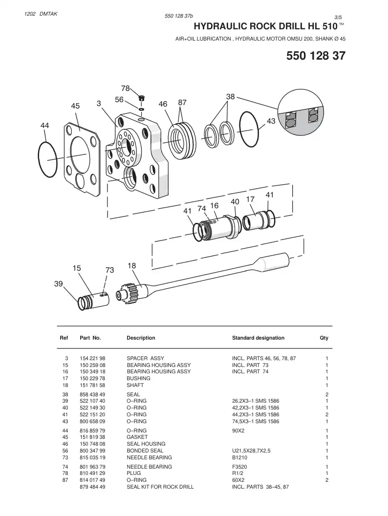 55012837b 550 128 37b HYDRAULIC ROCK DRILL HL 510 - Sandvik Technical Drawing