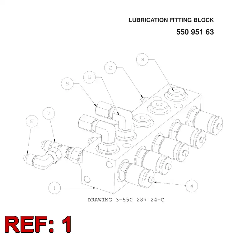 55028726 550 287 26 LUBRICATION FITTING BLOCK - Sandvik Technical Drawing