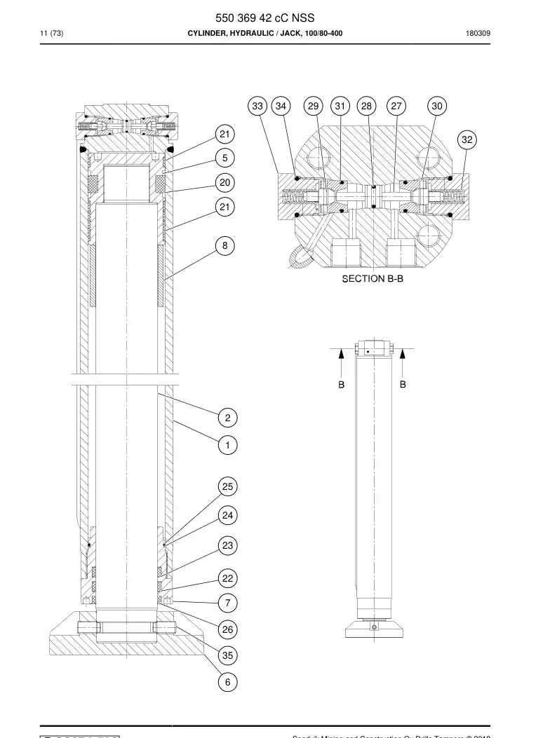 55036942c 550 369 42c Cylinder, Hydraulic - Sandvik Technical Drawing