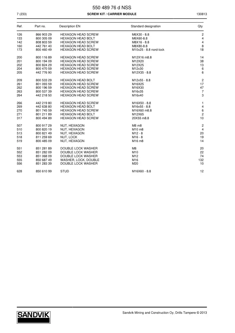 55048976d 550 489 76d Screw Kit - Sandvik Technical Drawing