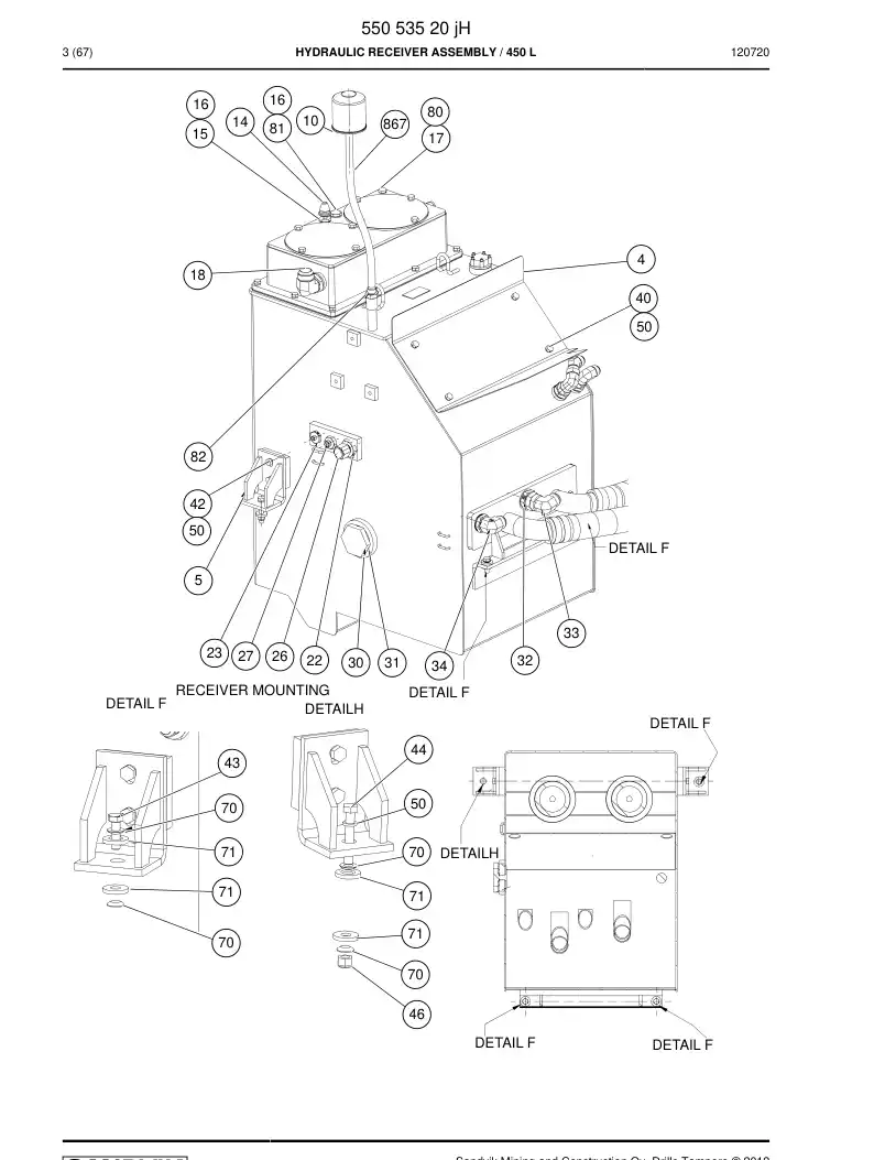 55053520j 550 535 20j HYDRAULIC RECEIVER ASSEMBLY - Sandvik Technical Drawing