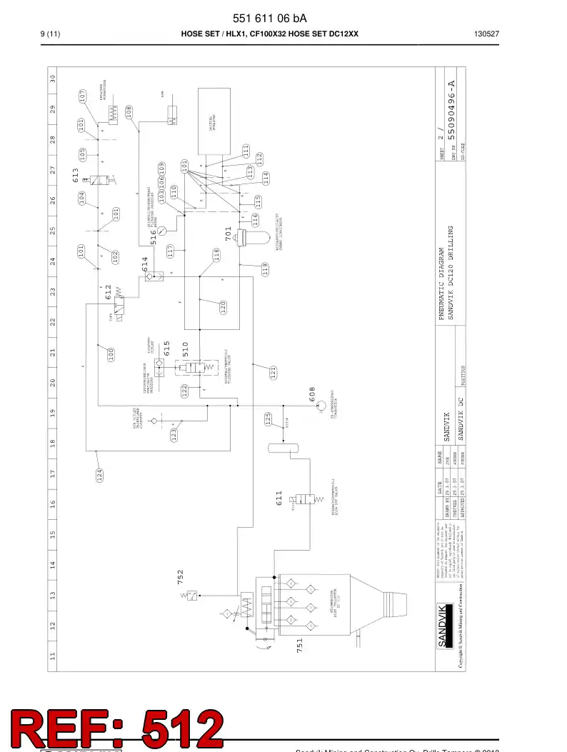 55054555 550 545 55 Hose Assembly, Air - Sandvik Technical Drawing
