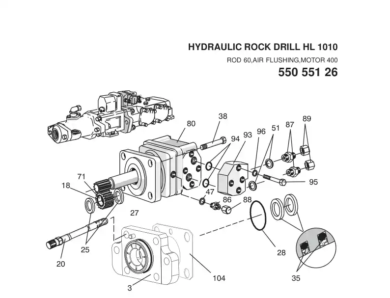 55055126 550 551 26 HYDRAULIC ROCK DRILL HL 1010 - Sandvik Technical Drawing