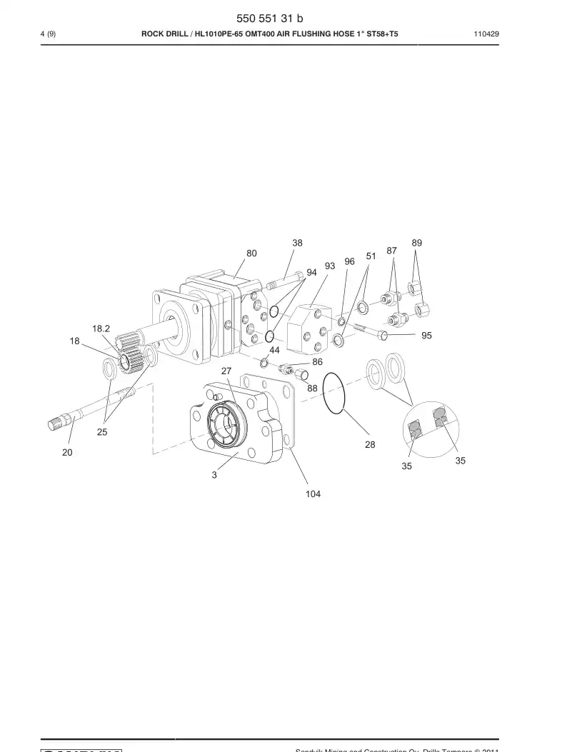 55055131b 550 551 31b HYDRAULIC ROCK DRILL HL 1010-6 - Sandvik Technical Drawing