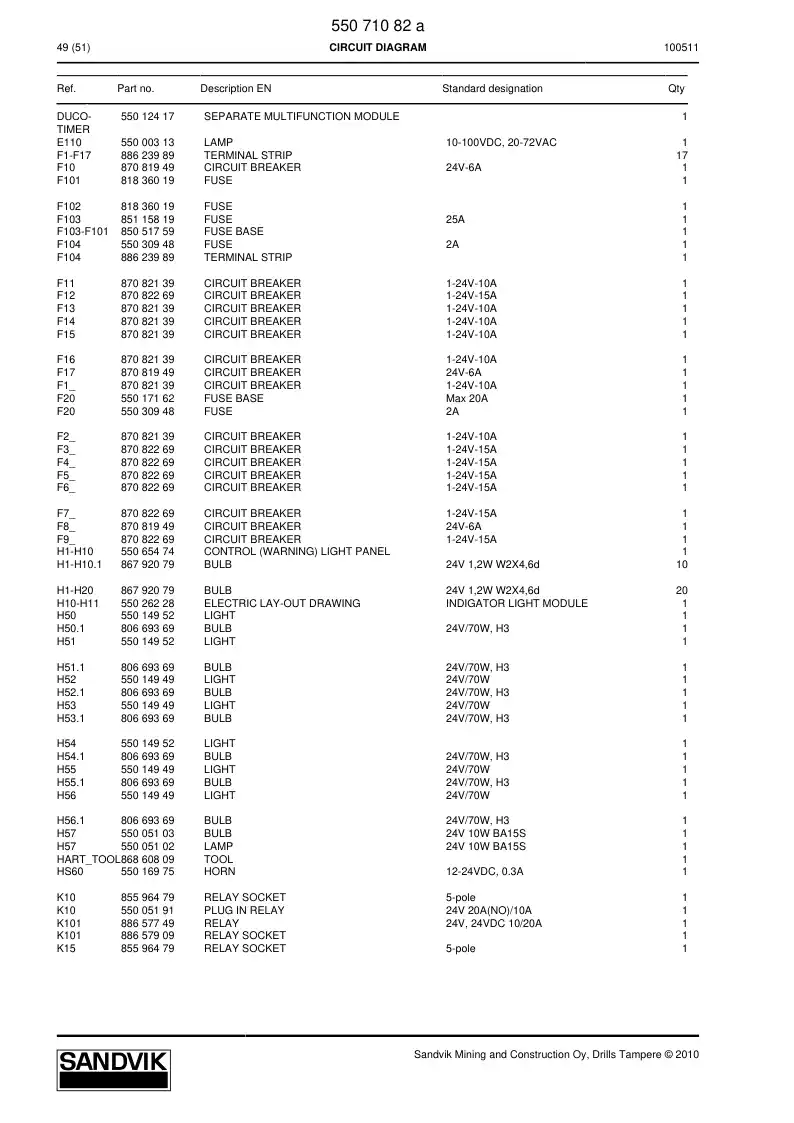 55071082a 550 710 82a CIRCUIT DIAGRAM - Sandvik Technical Drawing