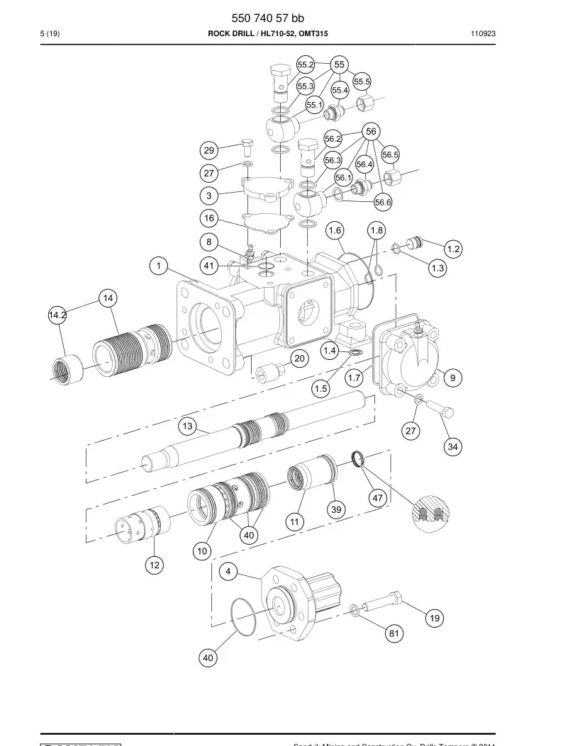 55074057b 550 740 57b Rock Drill - Sandvik Technical Drawing