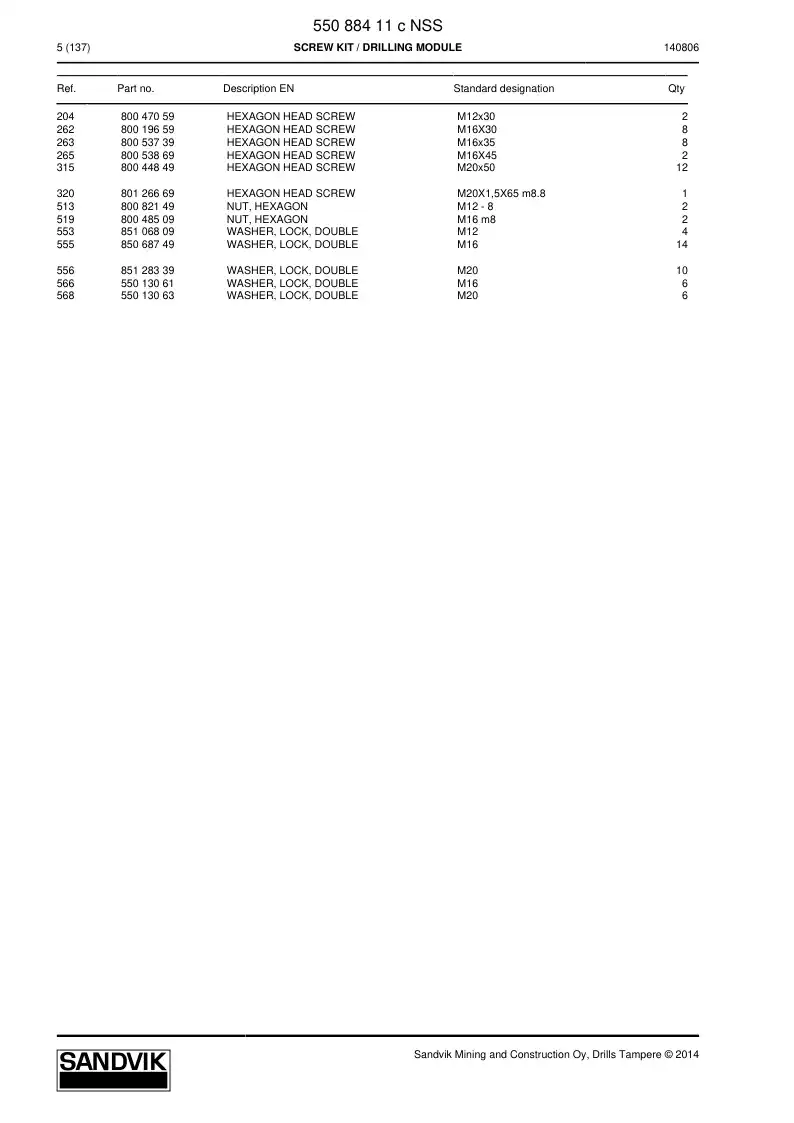 55088411c 550 884 11c SCREW SET - Sandvik Technical Drawing