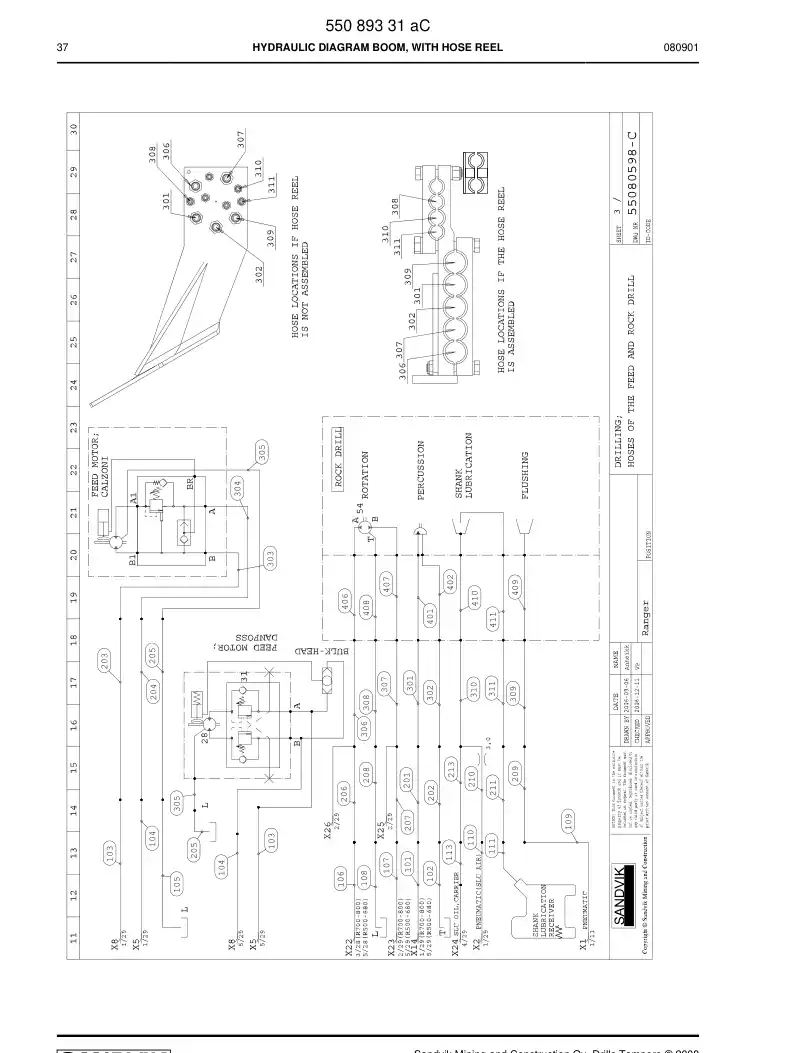 55089331 550 893 31 HYDRAULIC HOSE LIST, BOOM, HOS - Sandvik Technical Drawing