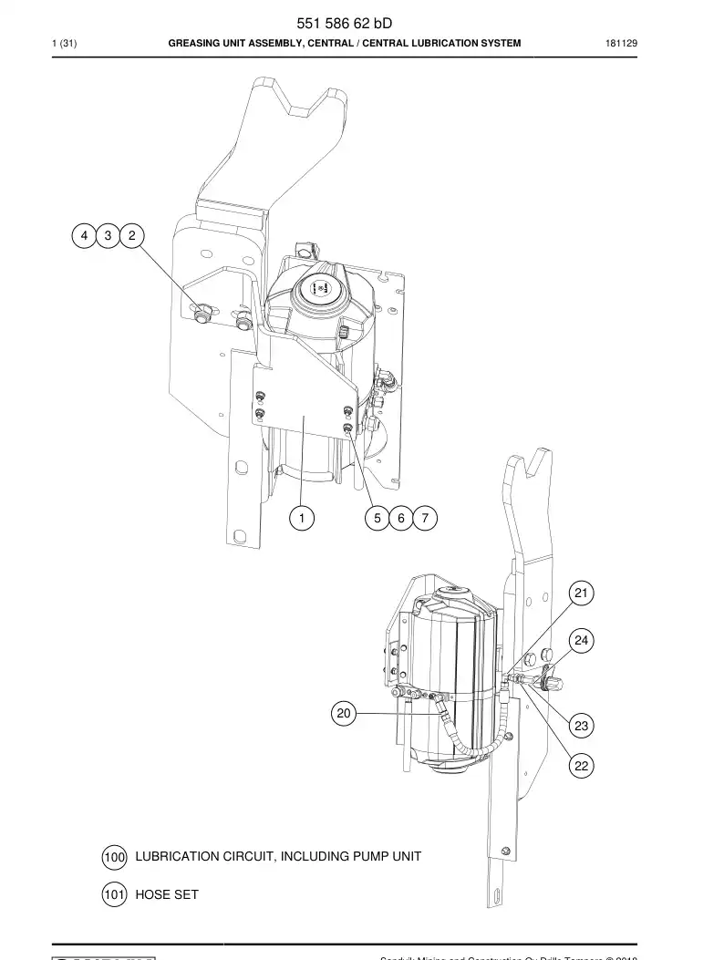 55158662b 551 586 62b Greasing Unit Assembly, Central - Sandvik Technical Drawing