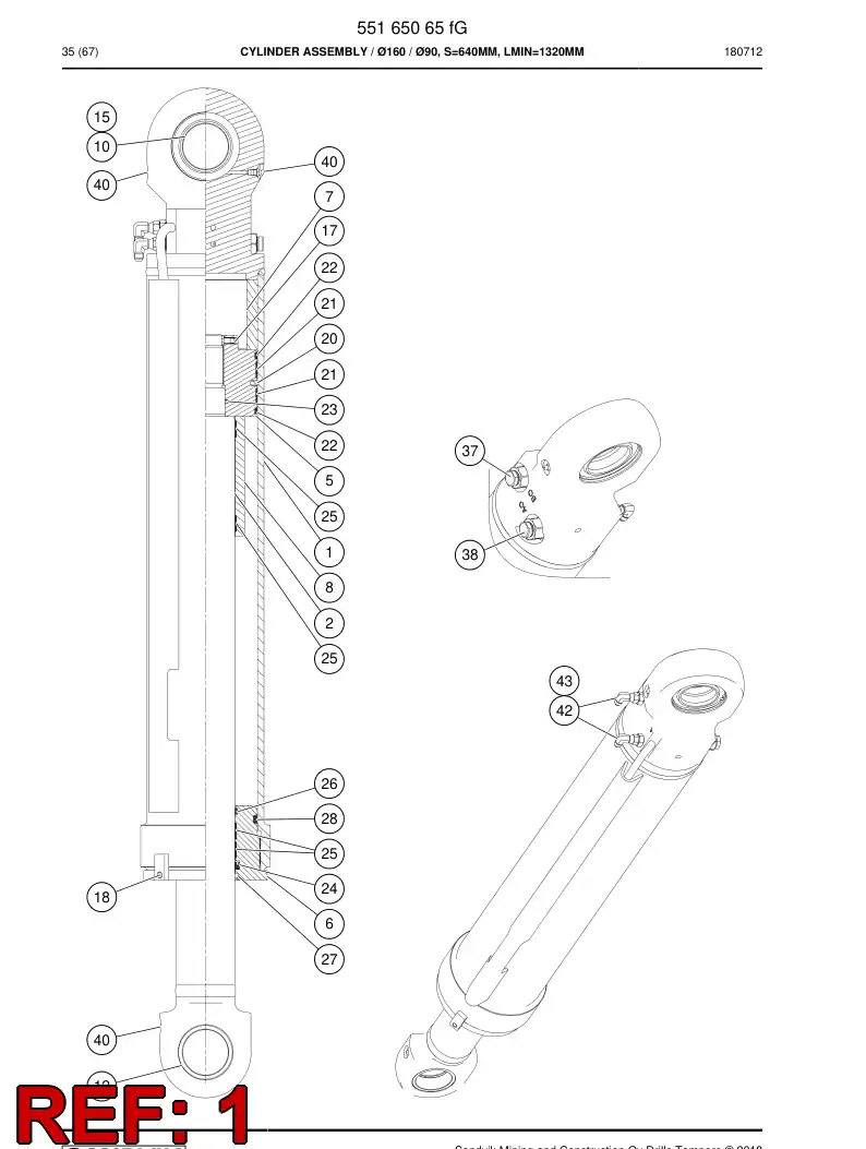 55165129a 551 651 29a Cylinder tube assembly - Sandvik Technical Drawing