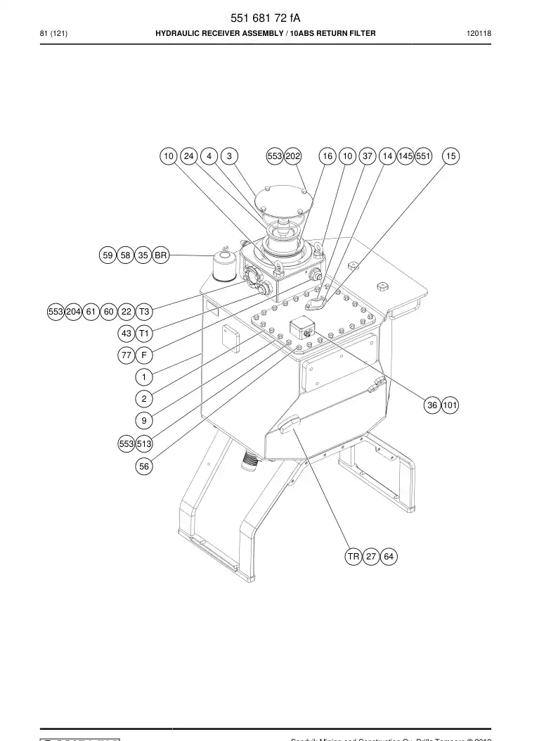 55168172g 551 681 72g HYDRAULIC RECEIVER ASSEMBLY - Sandvik Technical Drawing