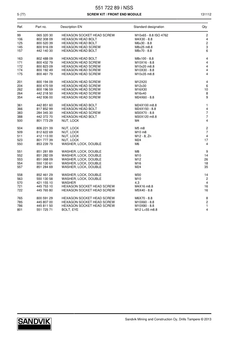 55172289i 551 722 89i Screw Kit - Sandvik Technical Drawing