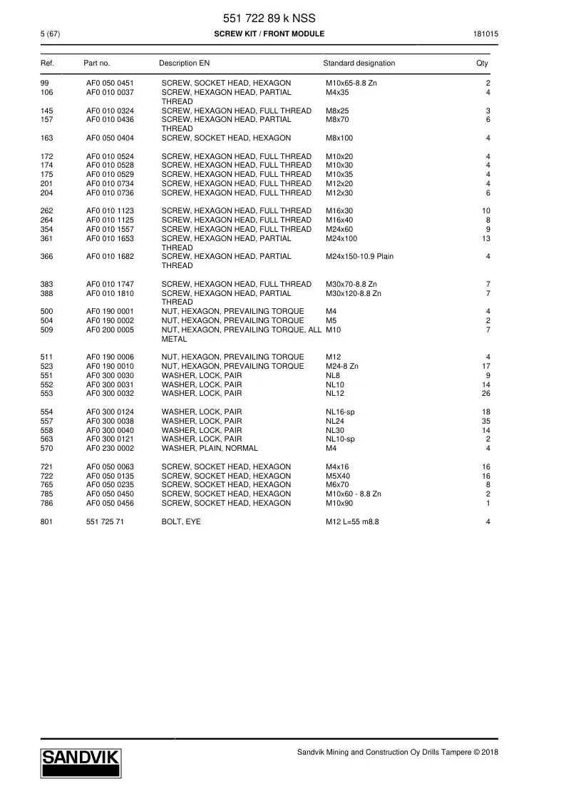 55172289k 551 722 89k Screw Kit - Sandvik Technical Drawing