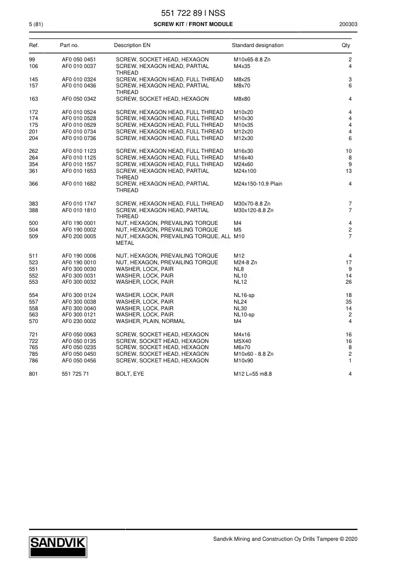 55172289l 551 722 89l Screw Kit - Sandvik Technical Drawing