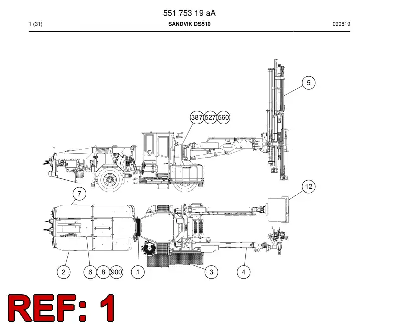 55175308a 551 753 08a Carrier frame parts - Sandvik Technical Drawing