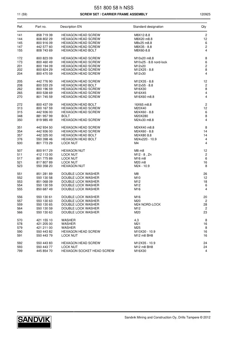 55180058h 551 800 58h Screw Kit - Sandvik Technical Drawing