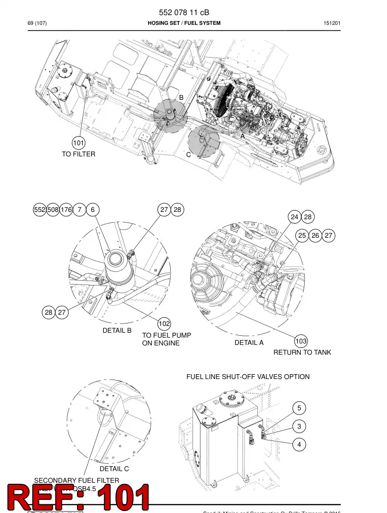 55185227 551 852 27 Hose Assembly, Fuel - Sandvik Technical Drawing