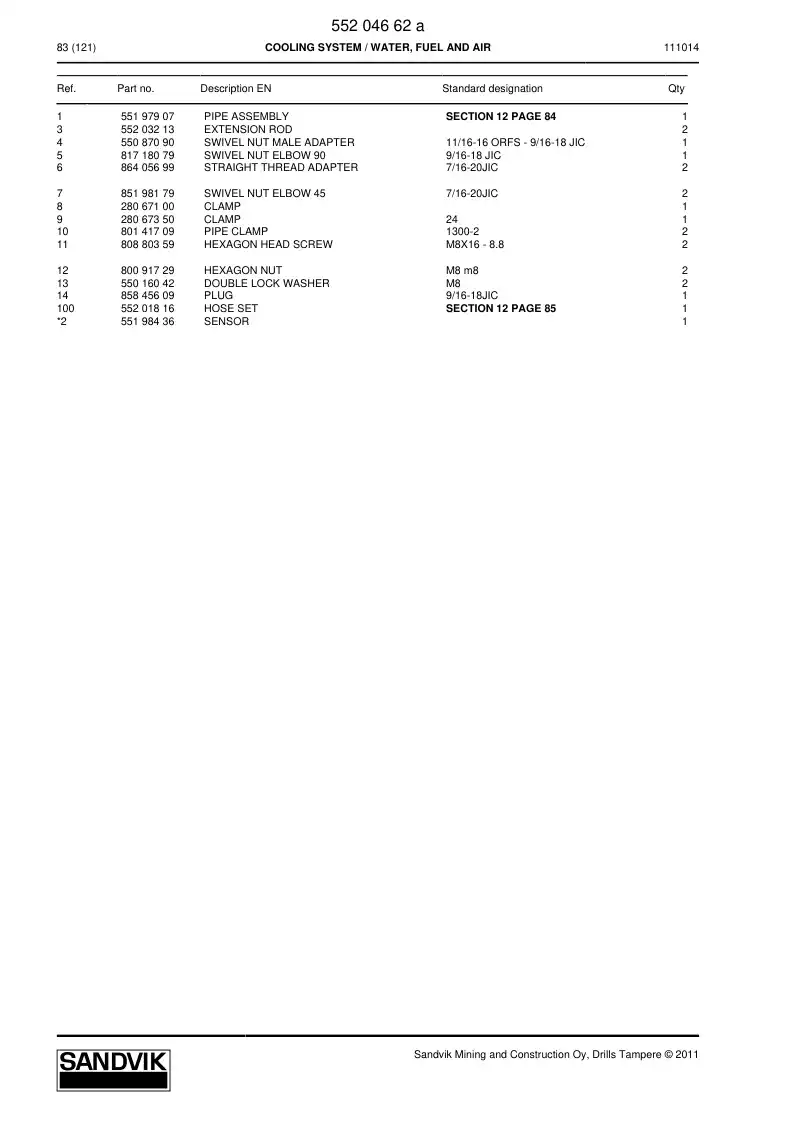 55204662a 552 046 62a COOLING SYSTEM - Sandvik Technical Drawing