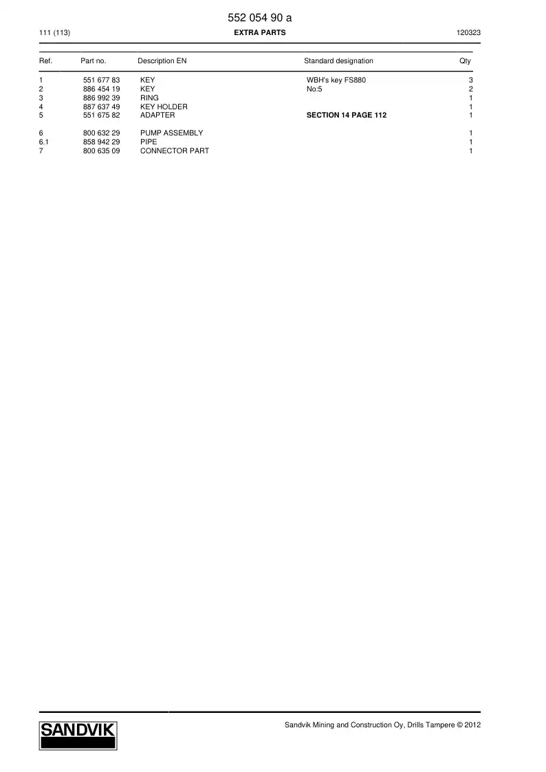 55205490a 552 054 90a Extra parts - Sandvik Technical Drawing