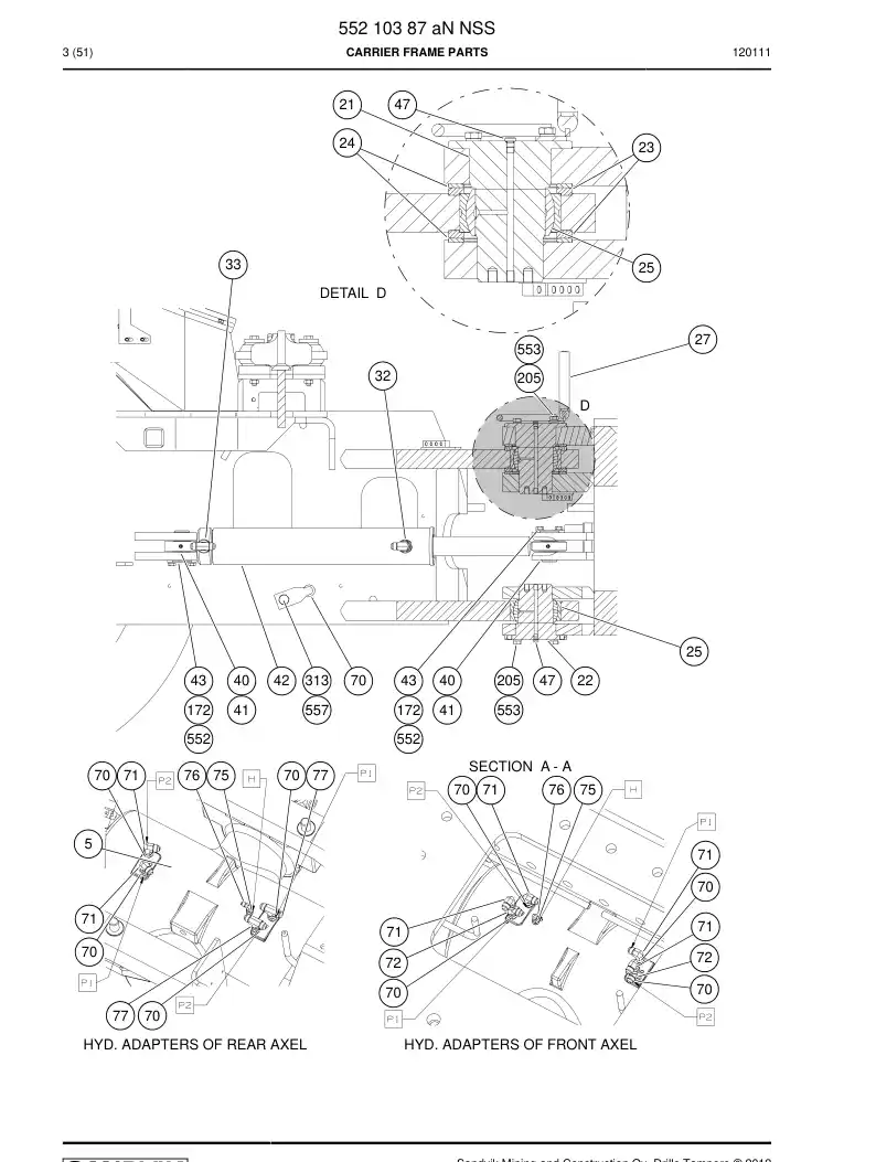 55210387a 552 103 87a Carrier frame parts - Sandvik Technical Drawing