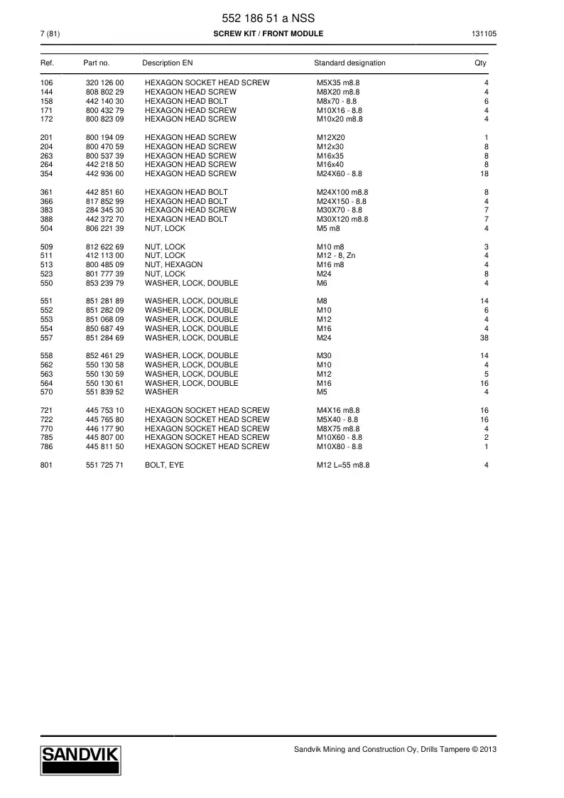 55218651a 552 186 51a Screw Kit - Sandvik Technical Drawing