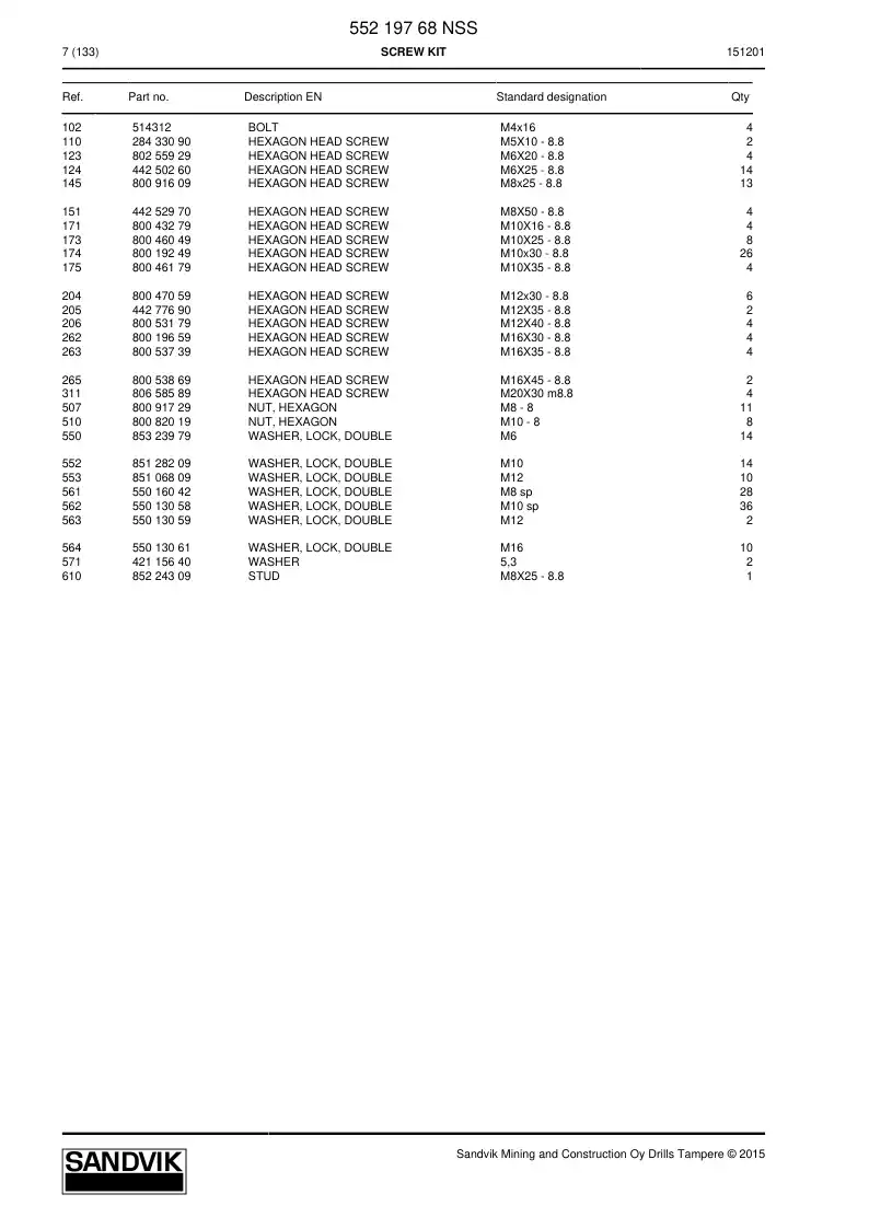 55219768 552 197 68 Screw Kit - Sandvik Technical Drawing