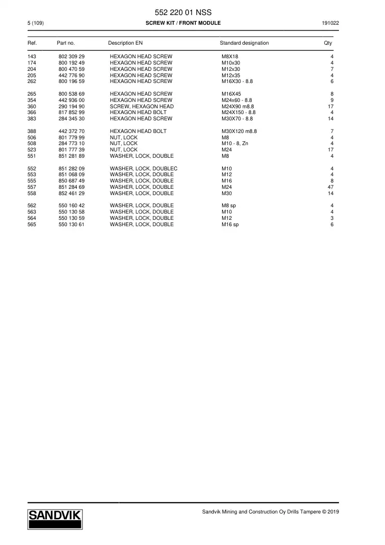 55222001 552 220 01 SCREW SET - Sandvik Technical Drawing