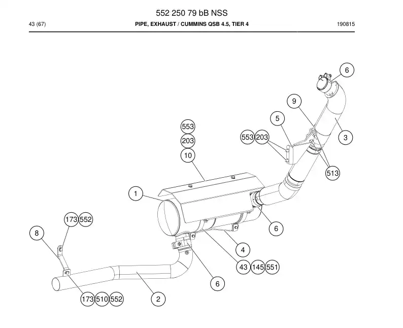 55225079b 552 250 79b Pipe, Exhaust - Sandvik Technical Drawing