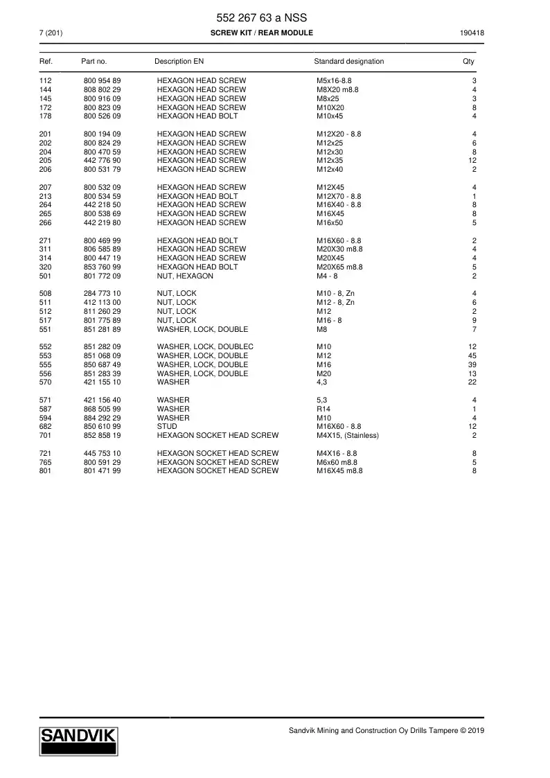 55226763a 552 267 63a Screw Kit - Sandvik Technical Drawing