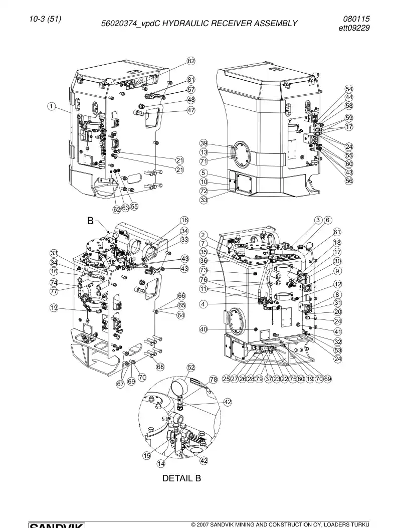 56020374d 560 203 74d HYDRAULIC RECEIVER ASSEMBLY - Sandvik Technical Drawing