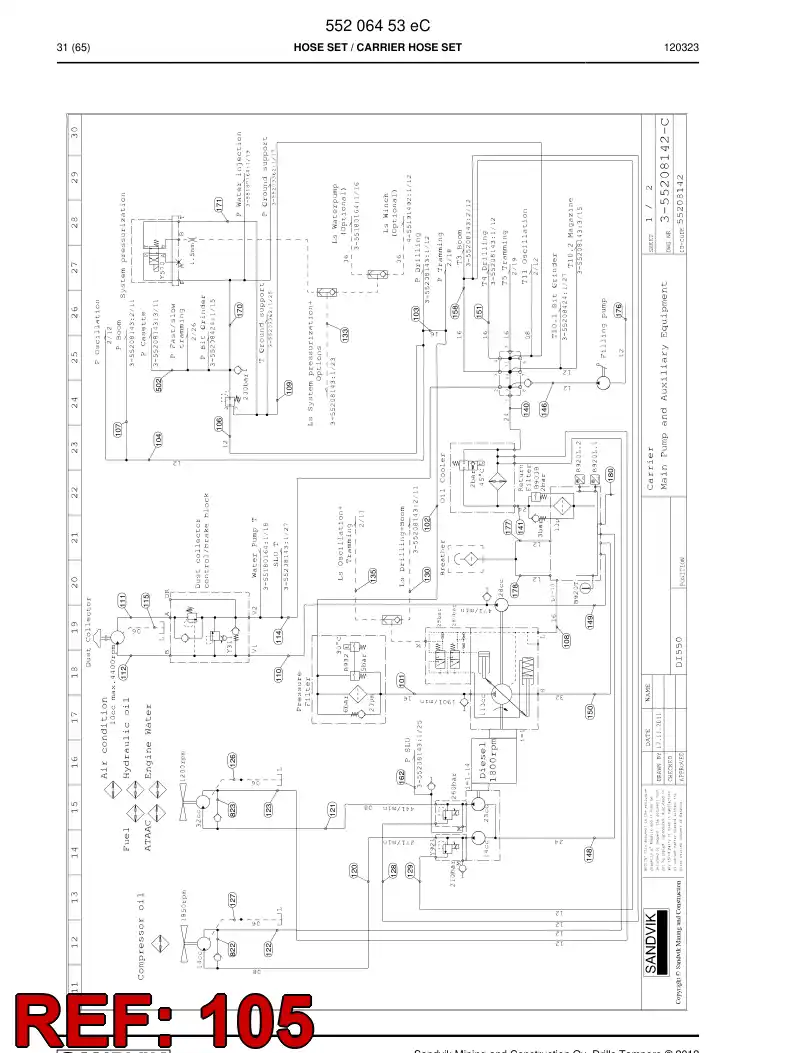 59205407b 592 054 07b Hose Assembly, Hydraulic - Sandvik Technical Drawing