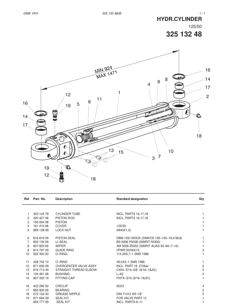 85577709 855 777 09 SEAL KIT FOR HYDRAULIC CYLINDER - Sandvik Technical Drawing