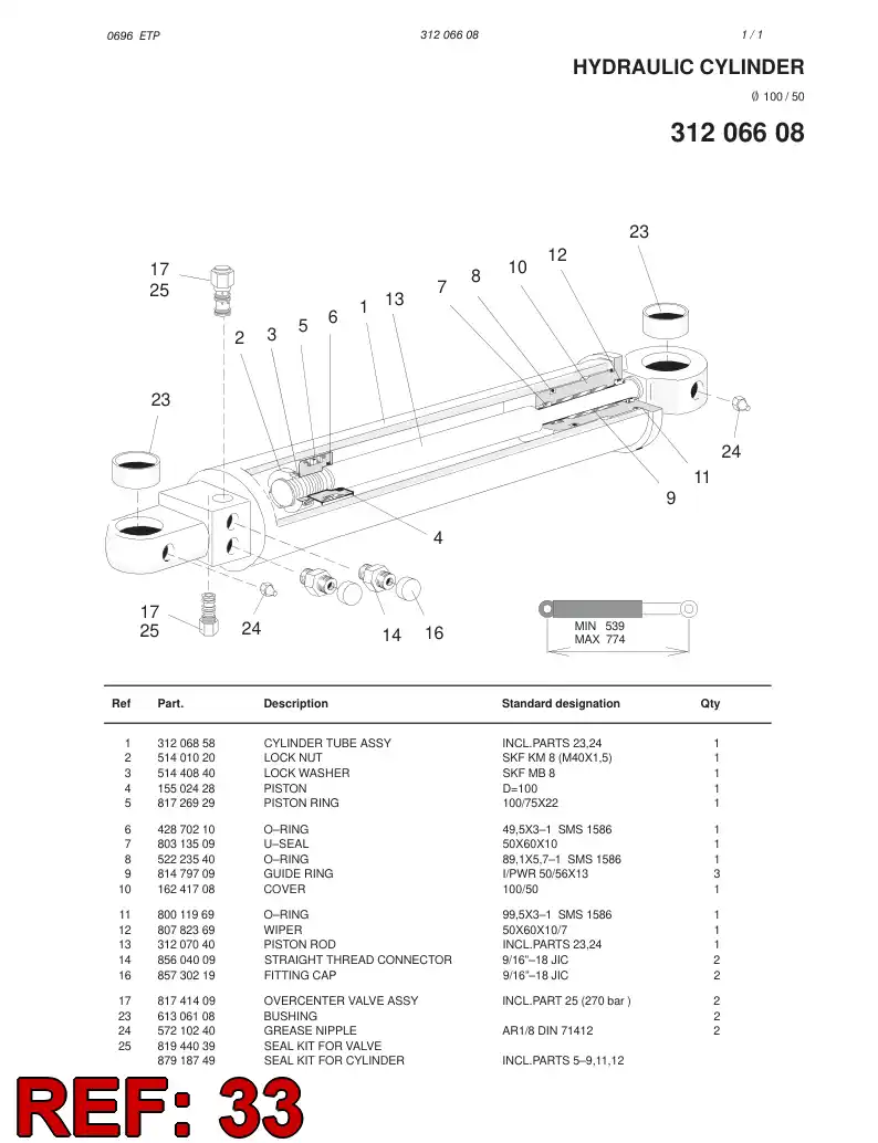 87918749 879 187 49 SEAL KIT FOR CYLINDER - Sandvik Technical Drawing