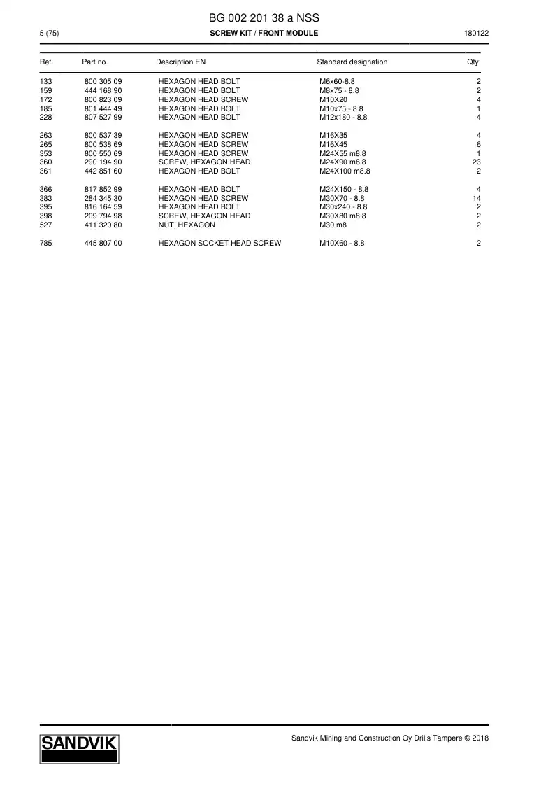 BG00220138a BG 002 201 38a Screw Kit - Sandvik Technical Drawing