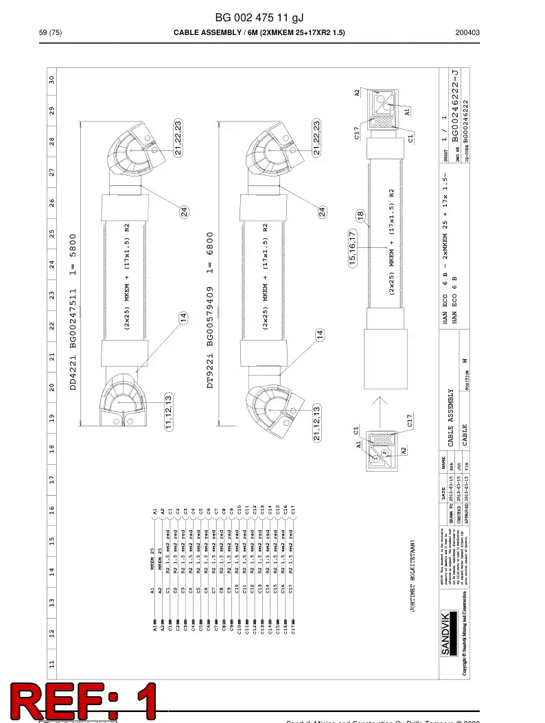 BG00246222j BG 002 462 22j Cable Assembly - Sandvik Technical Drawing