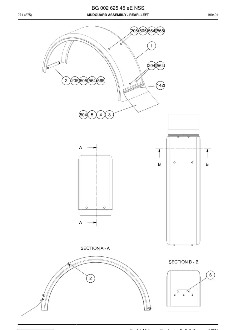 BG00262545d BG 002 625 45d Mudguard assembly - Sandvik Technical Drawing