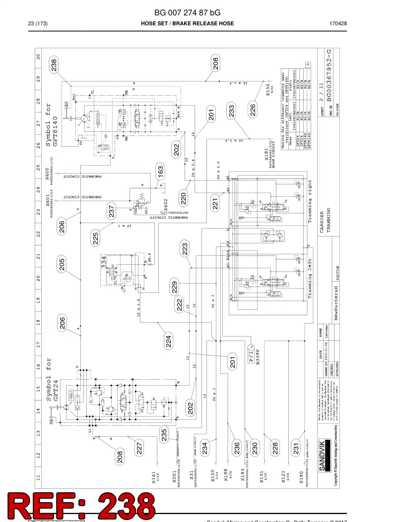 BG00284513a BG 002 845 13a Hose Assembly, Hydraulic - Sandvik Technical Drawing