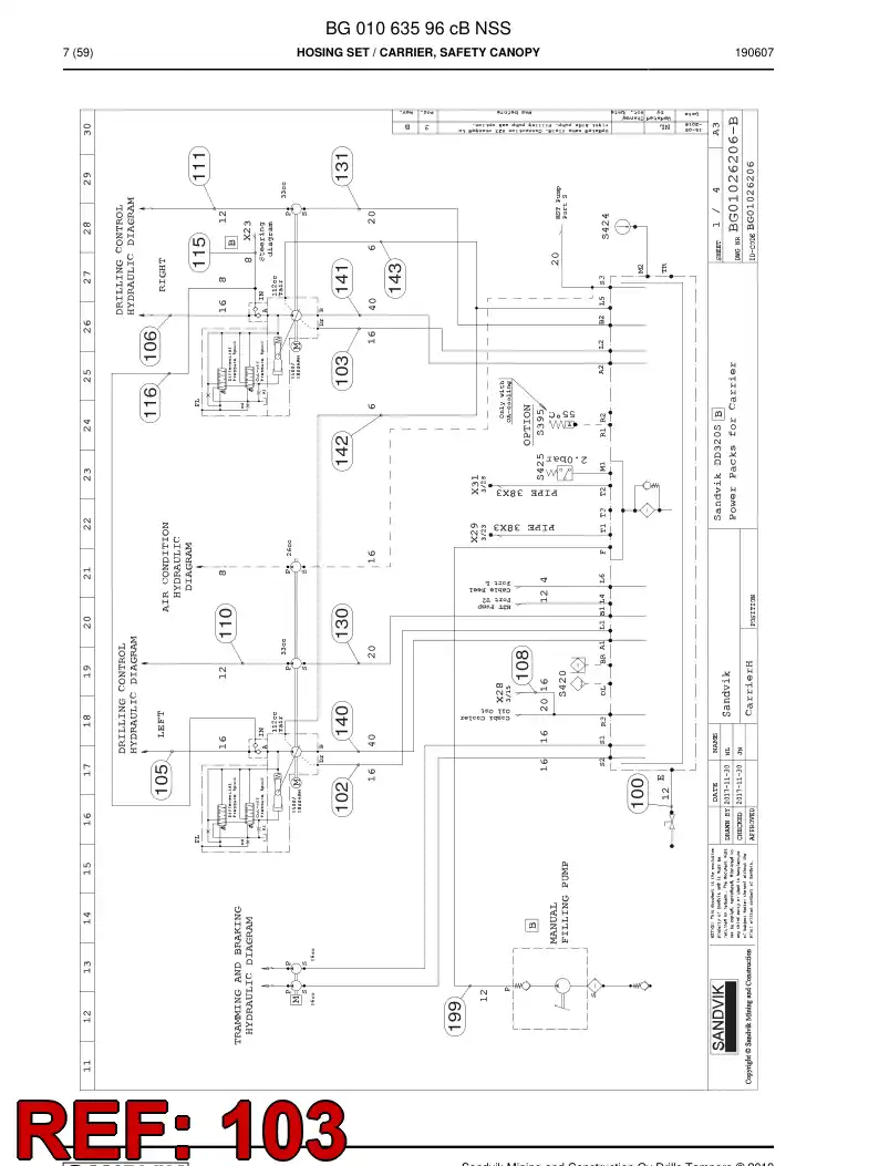 BG00285767a BG 002 857 67a Hose Assembly, Hydraulic - Sandvik Technical Drawing