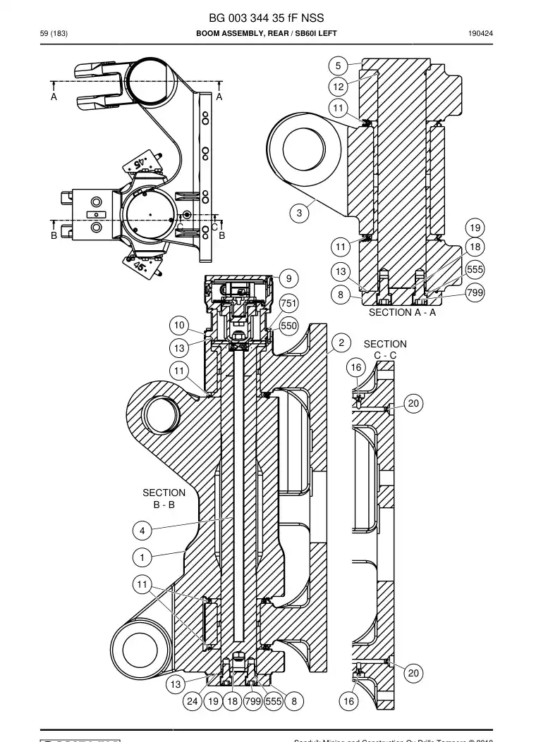 BG00334435e BG 003 344 35e Boom Assembly, Rear - Sandvik Technical Drawing