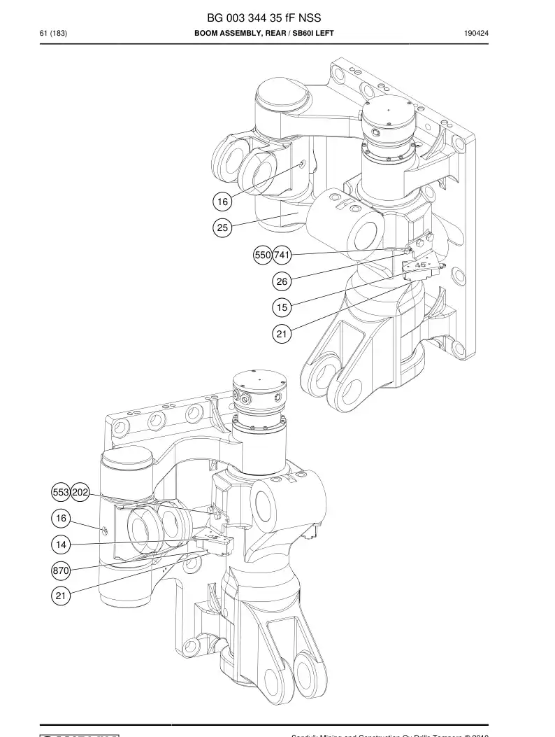 BG00334435f BG 003 344 35f Boom Assembly, Rear - Sandvik Technical Drawing