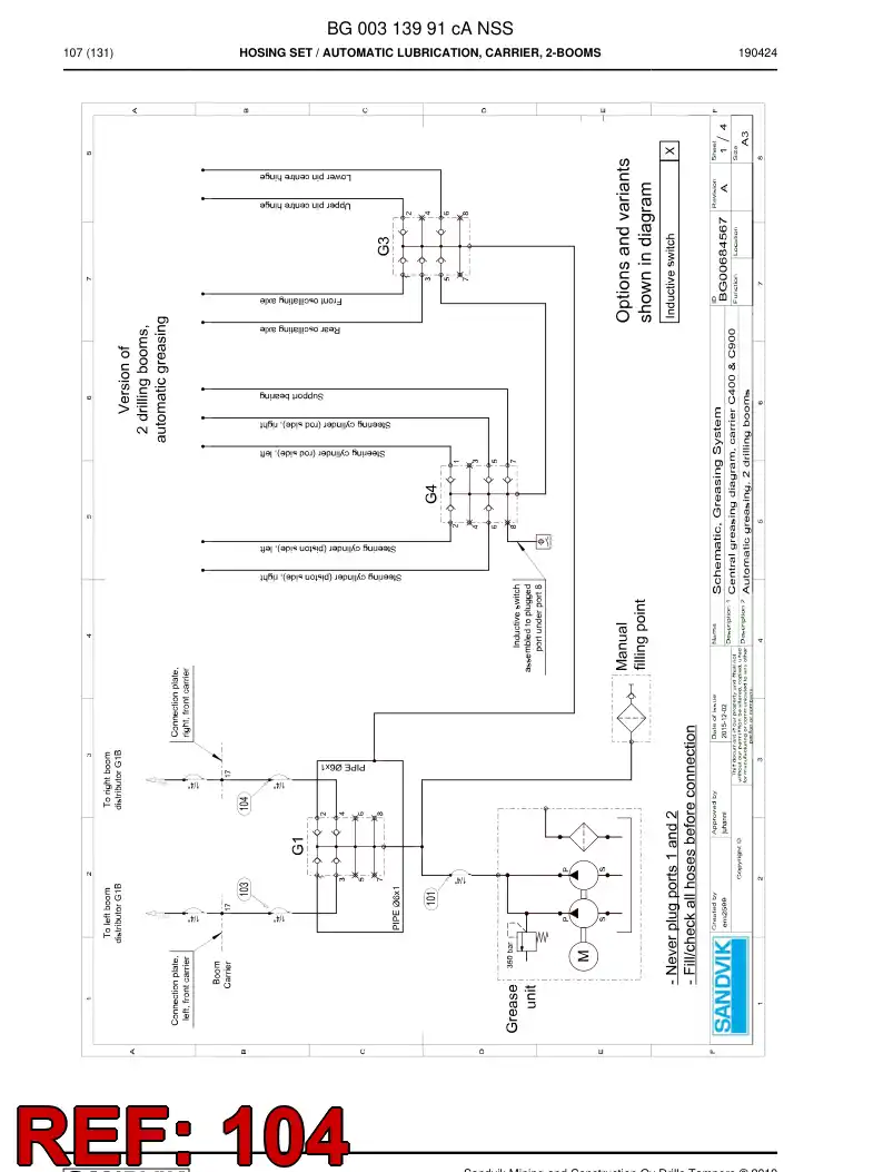 BG00369645a BG 003 696 45a Hose Assembly, Hydraulic - Sandvik Technical Drawing