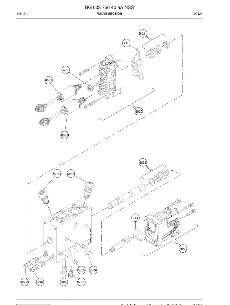 BG00375640a BG 003 756 40a Valve section - Sandvik Technical Drawing